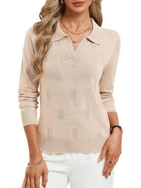 Kate Kasin Women's Beige Ribbed V Neck Long Sleeve Classic Knitted Polo Sweaters